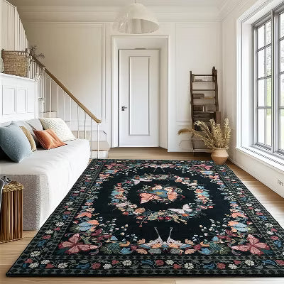 LOVEVOOK Machine Washable Area Rug, Floral Butterfly Rug for Living Room, Modern Black Area Rug for Bedroom Dining Room Home Decor 5x7 Feet