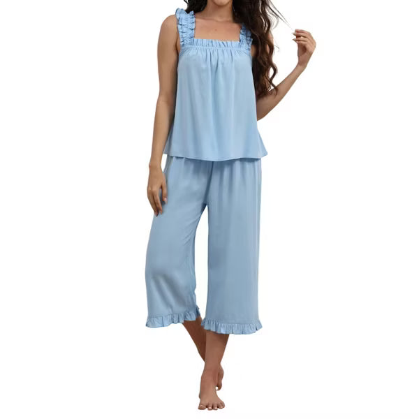 Ekouaer Womens Cotton Rayon Ruffle Camisole Pajama Sets Sleeveless Capri Pj Sets Lightweight Cool Summer Lounge Sets Black S