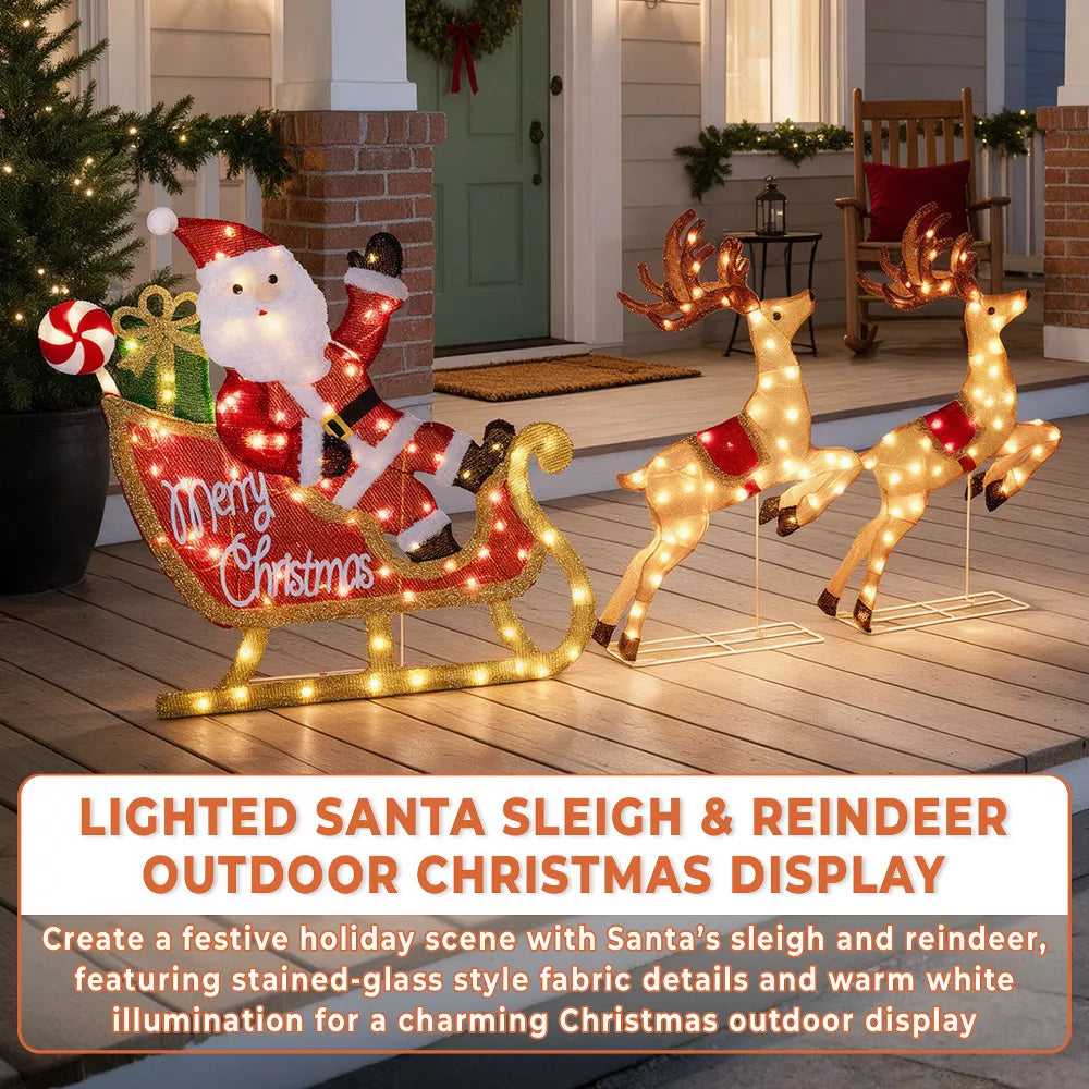 Romswi 3pcs Pre-Lit Santa Sleigh and Reindeers Outdoor Christmas Decoration Lighted Xmas Holiday Decor w/ 220 LED Lights for Yard Porch Patio Garden