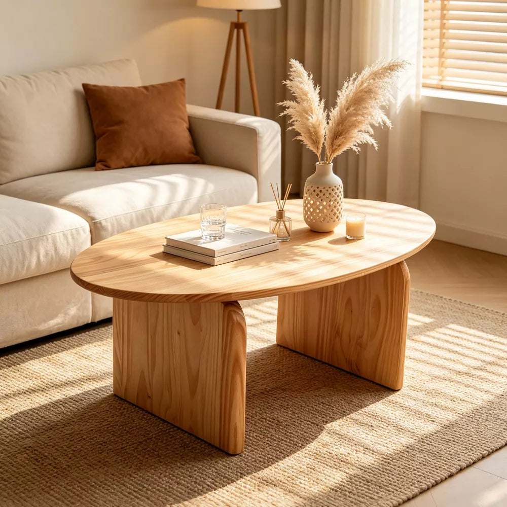 Modern Oval Coffee Table Solid Pine Wood Natural Finish Curved Legs Center Table for Living Room Apartment Small Spaces Home Office
