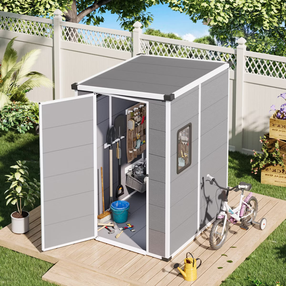 EROMMY 5 x 4 FT Outdoor Storage Shed, Weather-Resistant Shed With Lockable Door & Built-In Floor, Sloped Roof Outdoor Shed For Backyard, Patio & Lawn