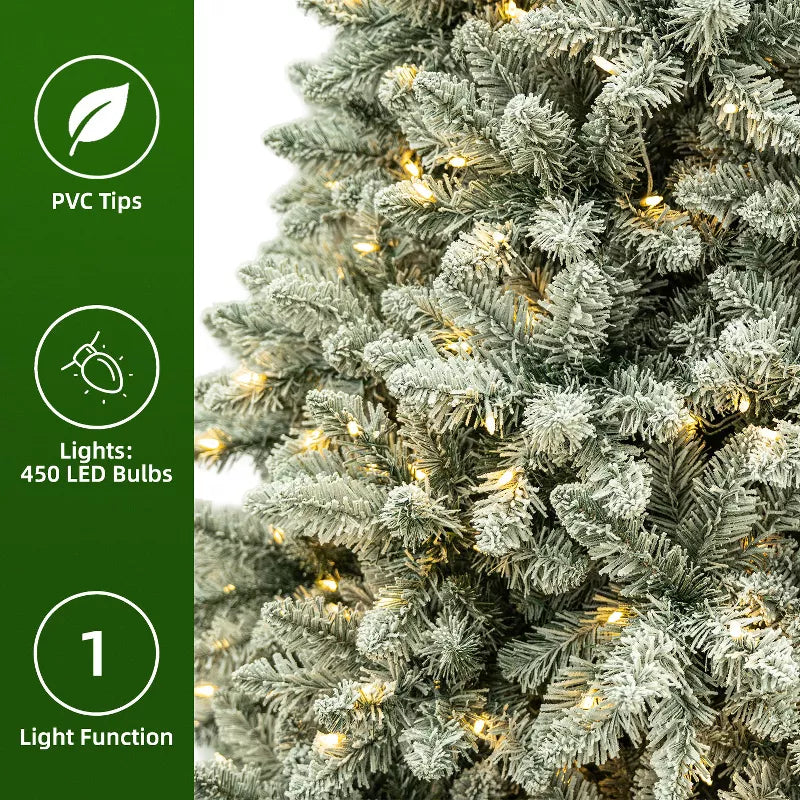 VIVATREES 6ft Prelit Artificial Christmas Tree Snow Flocked with Warm White LEDs Lights Hinged Branches Metal Stand Xmas Tree for Decor White
