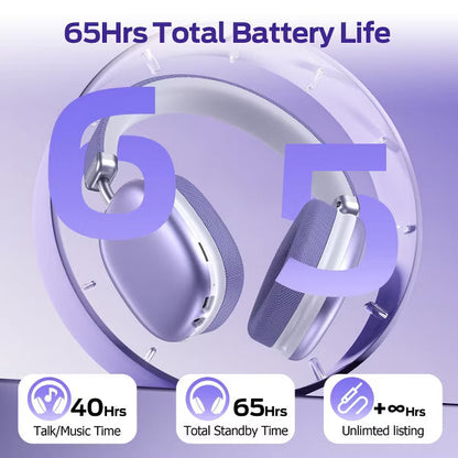 Purple Over-Ear Bluetooth Headphones: 40mm Bass Driver, Bluetooth 6.0 Dual-Mode, 55hr Battery, Comfort Fit