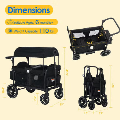Kinder King 2-Seat Wagon Stroller, All-Terrain Foldable Stroller Wagon for Toddlers with Canopy, Snack Tray & Push/Pull Bar