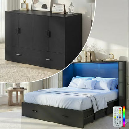 Mjkone queen murphy bed cabinet with RGB LED Lights & Storage Drawers, High Gloss MDF, Exclude Mattress