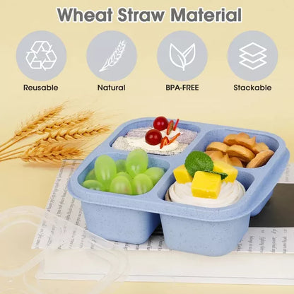 BRINJOY 4-Compartment Snack Containers, Reusable Food Storage Boxes with Lids & Utensils, 6-Pack Wheat Straw Snack Boxes for School Work Travel