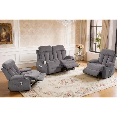 Bosmiller Manual Recliner Sofa Set, 3 Piece Reclining Living Room Furniture Sets with Cup Holder for Home Theater, Office (Grey, Loveseat+Chair+Chair)