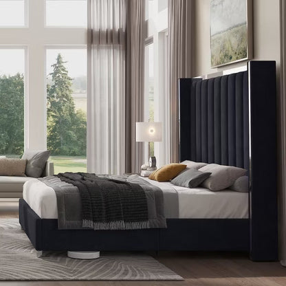 Bed Frame with 58" tall Headboard, Velvet Upholstered Platform bed