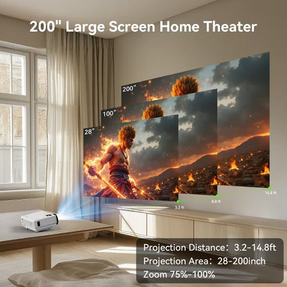 1080P Portable Projector, 200" Display, Outdoor Movie Projector, Home Theater, Compatible with HDMI/USB/AV/Smartphone/TV Box/Laptop