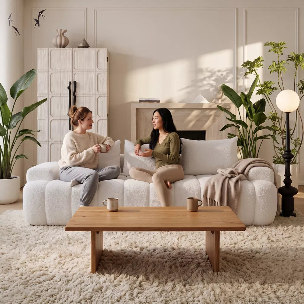 LauKingdom 100" Cloud White 3-Seat Oversized Boucle Sofa, Curved Front Compressed Sectional Couch for Modern Living Room