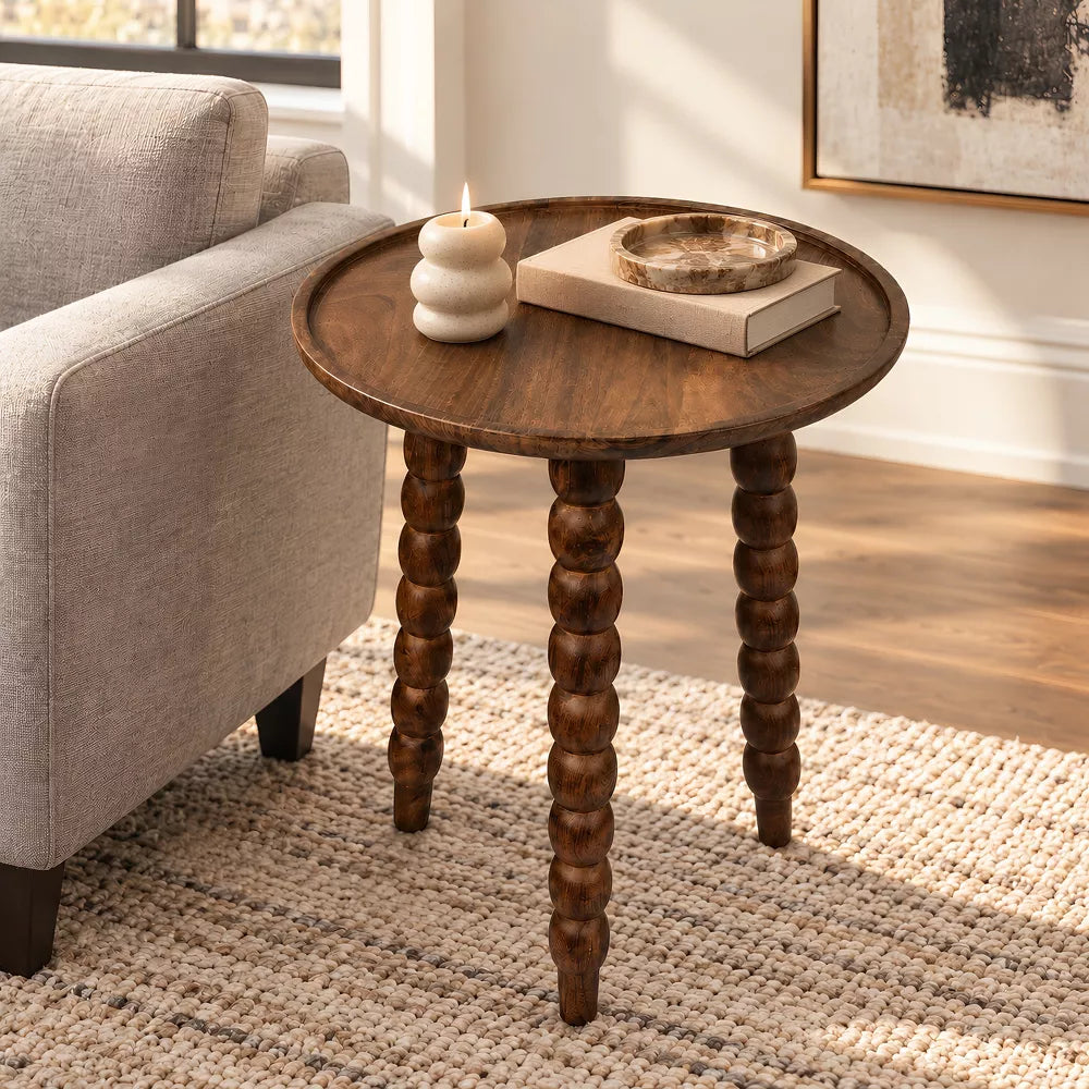 Mango Wood Round Accent Table, Modern Industrial Side Table with Burn Finish for Living Room, Bedroom & Small Spaces, Knock Down End Table, Walnut
