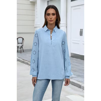 Zeagoo Women's Collared Partial Button Eyelet Embroidery Long Sleeve Blouse Cotton Shirt-Army Green-S