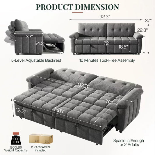 AMERLIFE Convertible Sofa Bed, 4-in-1 Couch with Pull-Out Sleeper, 5-Position Backrest, Tufted Chenille, Easy 10-Min Assembly