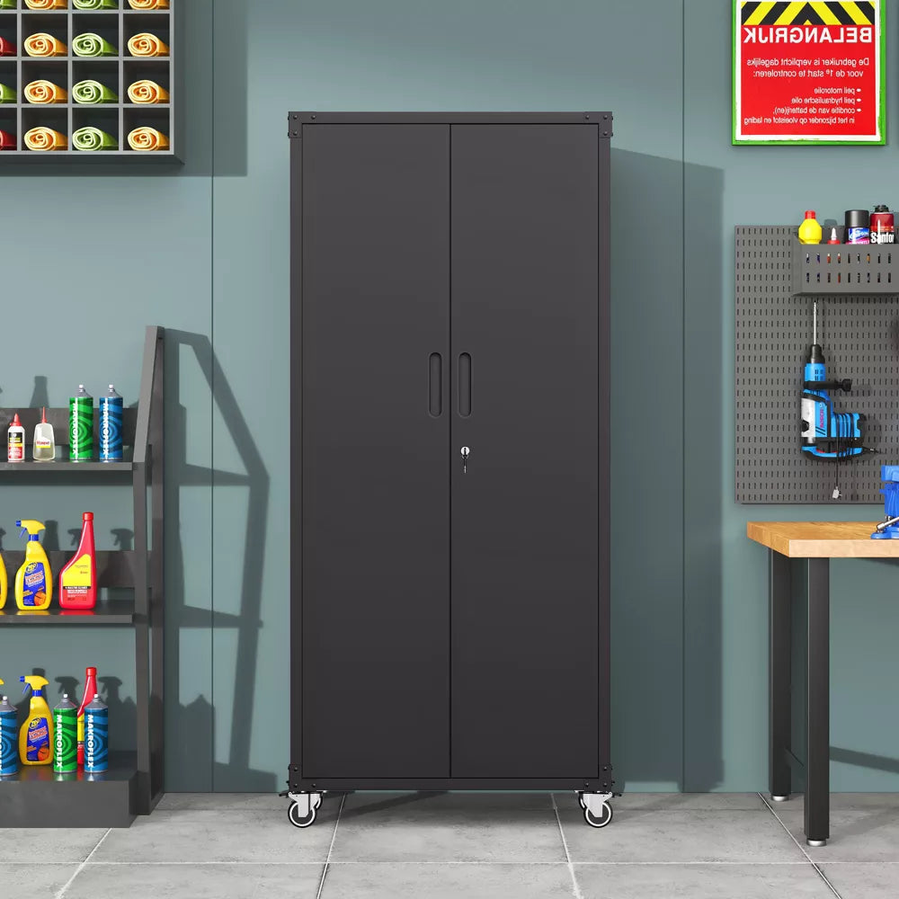 VIYET 71" Garage Storage Cabinet with Wheels, Locking Steel Doors & Adjustable Shelves, Heavy Duty Metal Organizer