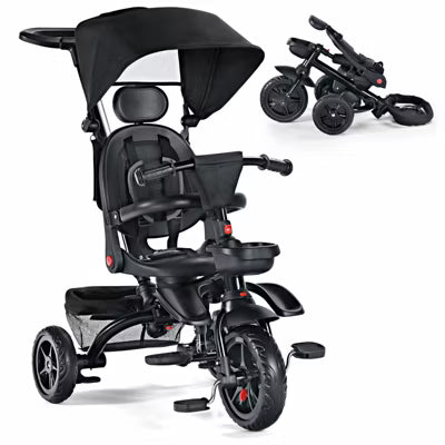 TODECARE 7-in-1 Baby Folding Stroller Tricycle with Adjustable Push Handle and Canopy