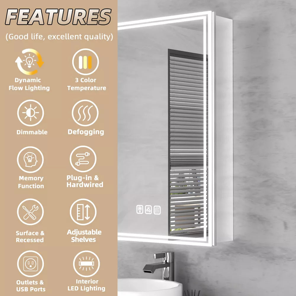 FAMYYT 20x28 inch Aluminum LED Bathroom Medicine Cabinet with Mirror and Lights, Surface/Recessed Vanity, Anti-Fog, Left Hinge