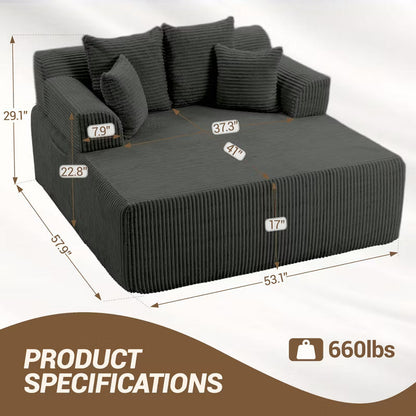 Bosmiller 58" Chaise Lounge Chair Indoor, Oversized Corduroy Boneless Sleeper Sofa Bed with Armrests & 4 Pillows, No Assembly for Living Room