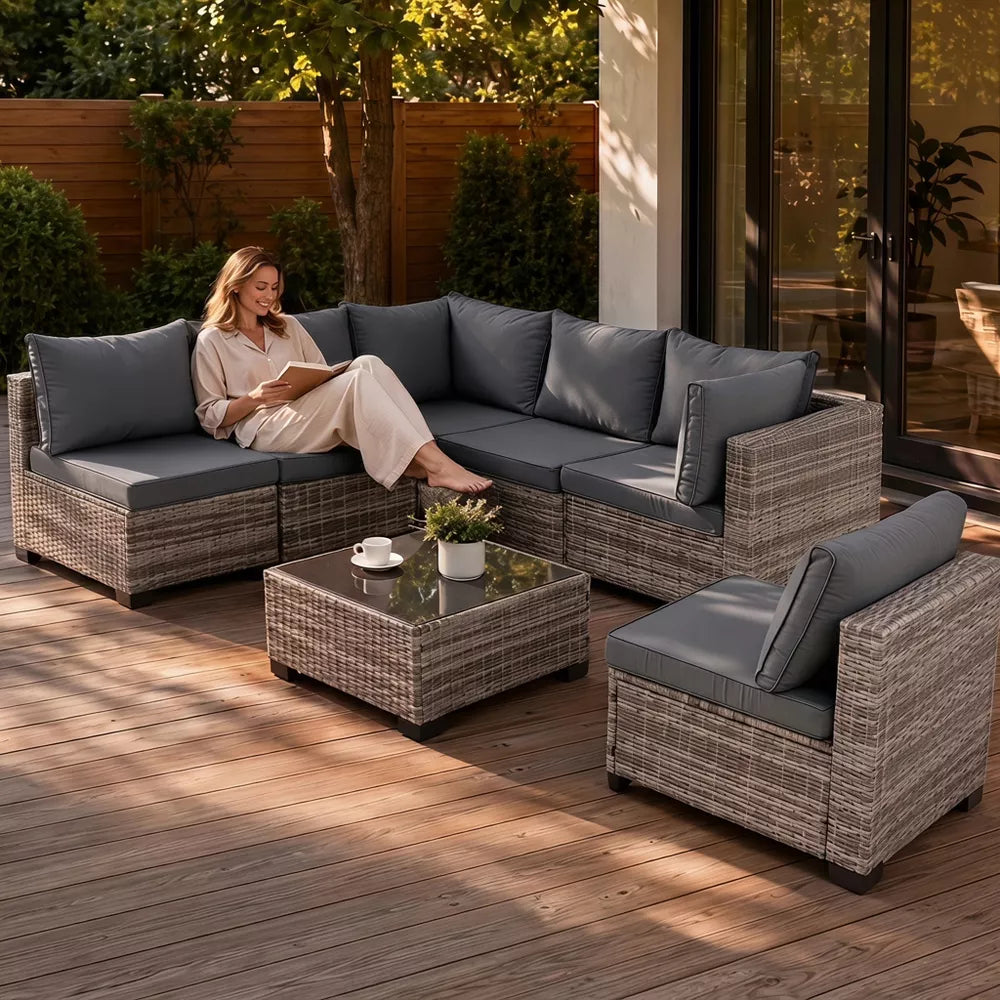 7 Pieces Wicker Outdoor Patio Furniture Set, Patio Sectional Sofa with Coffee Table, All-Weather Outdoor Sectional Furniture for Garden Backyard