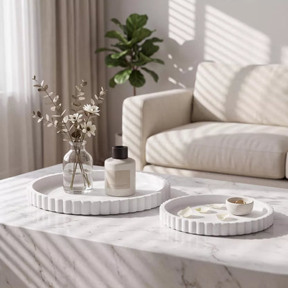 2Pc Round Silicone Vanity Tray Set Decorative Catchall Organizer for Bathroom Countertop Perfume White