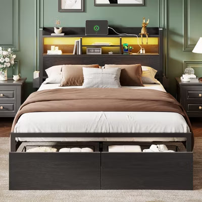 Qwatto Black Metal Queen Bed Frame With 2 Storage Drawers Wood Headboard Shelf LED Lights Charging Station Platform No Box Spring Needed Bedroom USB