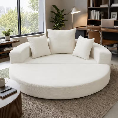 Round Corduroy Convertible Sofa Bed, Boneless Folding Futon Couch with 3 Pillows for Living Room, Bedroom, Apartment, Office