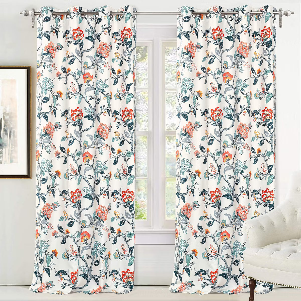 DriftAway Ada Floral Botanical Print Flower Leaf Lined Thermal Insulated Blackout Window Curtains Orange Teal 52X84