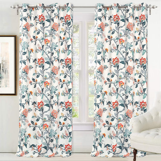 DriftAway Ada Floral Botanical Print Flower Leaf Lined Thermal Insulated Blackout Window Curtains Orange Teal 52X84