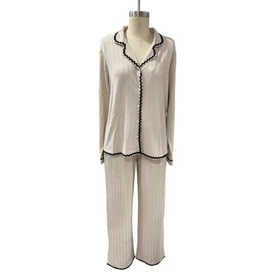 Ekouaer Womens Textured Knit Pajama Sets Notch Collar Long Sleeve 2 Piece Pj Sets Contrast Wave Trim Casual Lounge Sets Black S