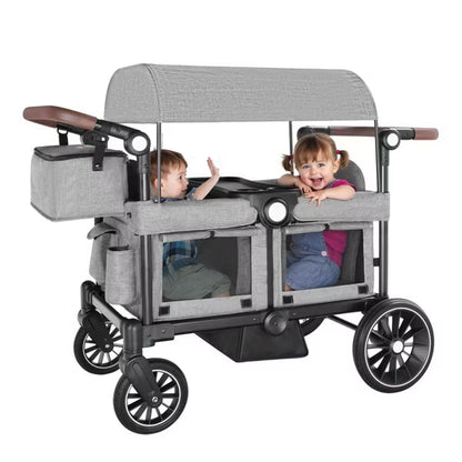 Kinder King Folding Wagon Stroller for 2 Kids, Adjustable Handle, All-Terrain Shock-Absorbing Wheel, Detachable Tray, Diaper Bag