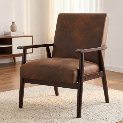 Vintage Mid-Century Accent Chair, Solid Wood Faux Leather Reading Armchair for Living Space & Den, Cognac Brown