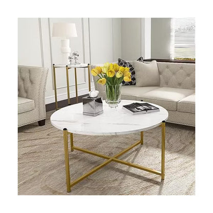 Hooseng Coffee Table Set of 3,Modern Faux Marble Top with Golden Frame Coffee Table & 2 Accent Table for Apartment,Office