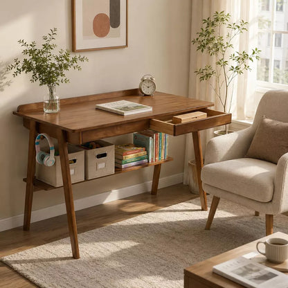 Solid Wood Writing Desk with 2 Drawers & Storage Shelf,Computer Desk with Side Hooks,Small Home Office Desk for Bedroom,Living Room,Dorm&Study Space