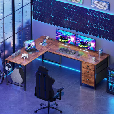Qwatto Brown 63 Inch L Shaped Corner Computer Desk with Power Outlets and USB C Ports File Fabric Drawers Storage Workstation for Home Office Rooms