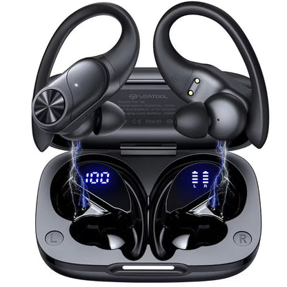 VEAT00L V6 Bluetooth Headphones Wireless Earbuds 88Hrs Playback Sport Ear Buds with Earhook Digital Display Charging Case.
