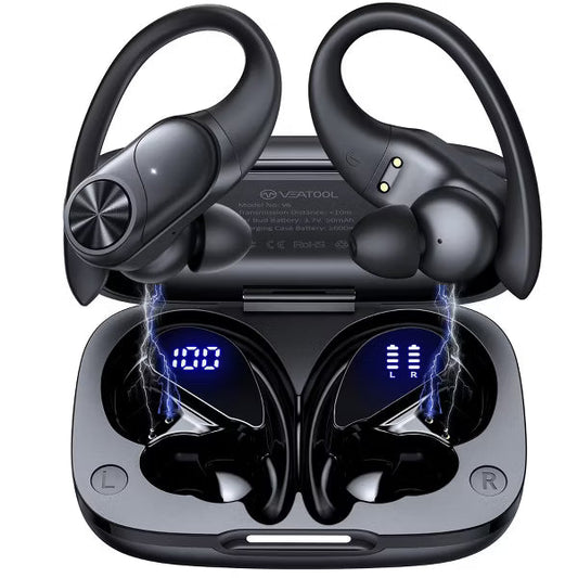 VEAT00L V6 Bluetooth Headphones Wireless Earbuds 88Hrs Playback Sport Ear Buds with Earhook Digital Display Charging Case.