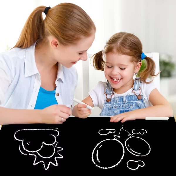 TODECARE 4 in 1 Kids Wooden Table and 2 Chairs Set with Double Bookcase and Blackboard for Kids, Natural