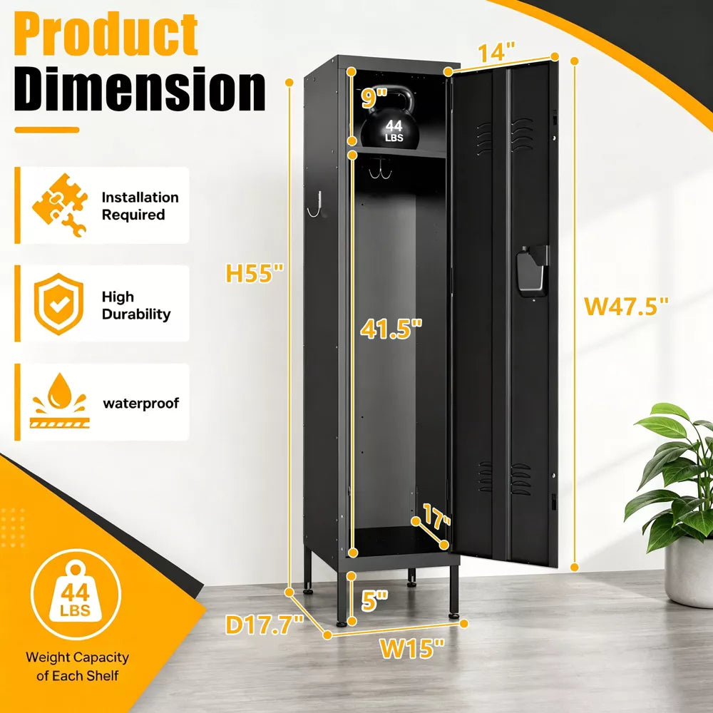 VIYET 55" Metal Wardrobe Cabinet, Narrow Steel Clothing Storage with Lock, Ventilated Door & Side Hooks, Bedroom Closet, Black