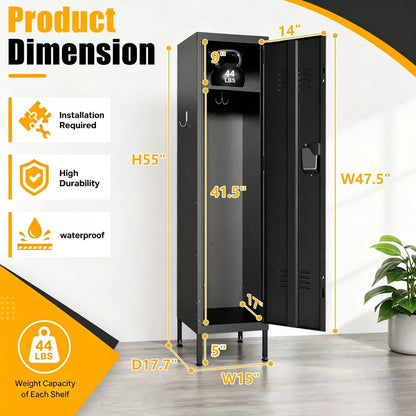 VIYET 55" Metal Wardrobe Cabinet, Narrow Steel Clothing Storage with Lock, Ventilated Door & Side Hooks, Bedroom Closet, Black
