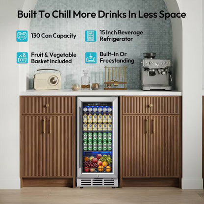 EUHOMY 3.1 Cu.Ft 15 Inch Beverage Refrigerator- Built-In Cooler with Shelves & Drawer- Silver