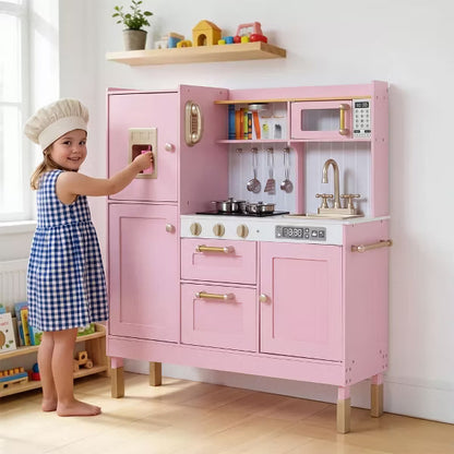 TODECARE Wooden Pretend Play Kitchen Set for Kids with Microwave oven, Ice Maker and Oven, Pink