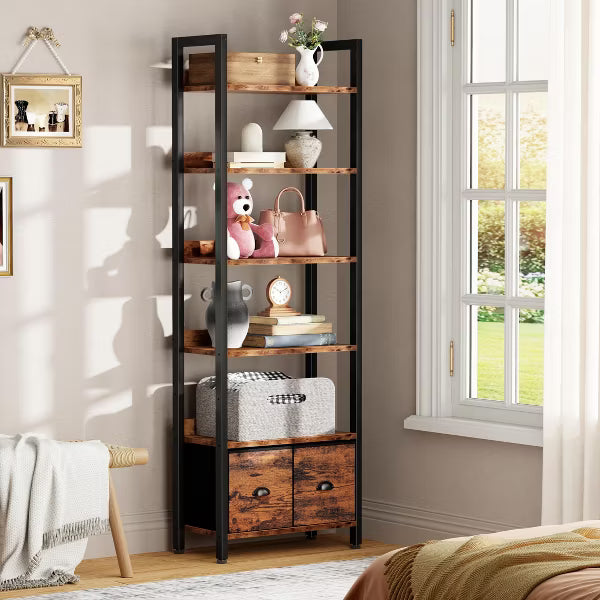 Qwatto 6 Tier 71'' Tall Rustic Bookcase with 2 Drawers Storage Organizer Industrial Wood Metal Freestanding Bookshelf Home Office Bedroom Rustic Brown