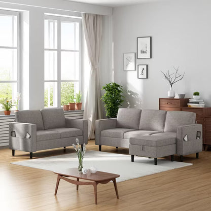 Mjkone 3PCS Convertible Sectional Sofa Set, Linen 3-Seater Sofa & Loveseat Couch with Side Pocket, Storage Ottoman-Light Grey