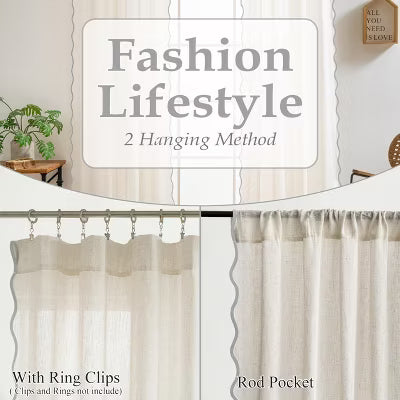 DriftAway Semi Sheer Scalloped Edge White Coastal Beach Window Curtains for Living Room Bedroom 2 Panels Rod Pocket Linen Loden Green 52X96