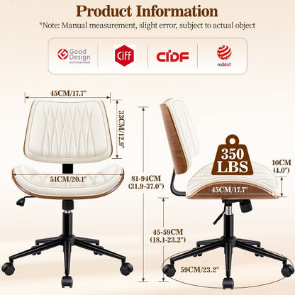 KERDOM Mid-Century Modern Adjustable Desk Chair, Ergonomic Curved Seat, 350 lbs Capacity, Swivel Task Chair with Bentwood Frame,Black