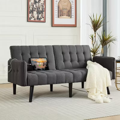 65" Convertible Faux Leather Futon Sofa Bed, Modern Upholstered Couch with USB, Folding Loveseat for Small Space, Apartment, Dorm, Office
