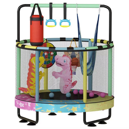 Hooseng 55" 7-in-1 Round Trampoline for Kids with Safety Enclosure Net, Indoor & Outdoor Toddler Trampoline with Adjustable Gymnastics Bar & Toys