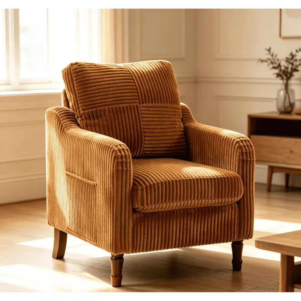 Accent Chair with Solid Wood Legs, Mid-Century Modern Upholstered Reading Chair, Scooped Armchair for Living Room, Bedroom, Apartment, khaki