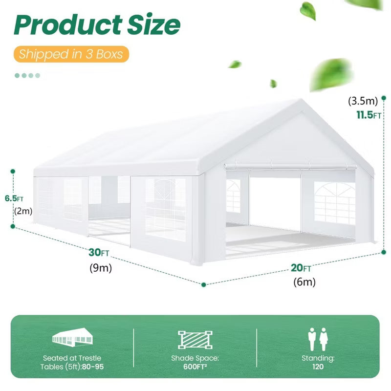 COBIZI 20x30FT Outdoor Heavy Duty Party Tent Wedding Canopy with Removable Sidewalls & Storage Bags White