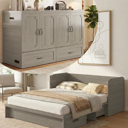 Mjkone Queen Size Convertible Murphy Cabinet Bed with USB Charging, Storage Drawers,No Mattress Included