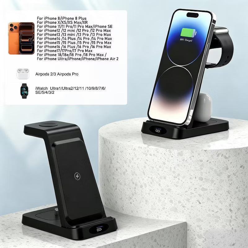 Z12 3-in-1 Wireless Charging Station with Apple Watch Charger, 15W Fast Charger for Phone AirPods Watch, Black, ABS+PC, Compact Hub